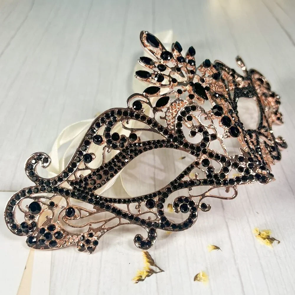 Masquerade Mask Luxury Black Crystal, Rhinestone Gold Mask, Black Diamond Mask